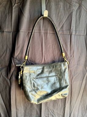 The Sak Charcoal Gray Leather Shoulder Bag With Braided Strap Brass Hardware